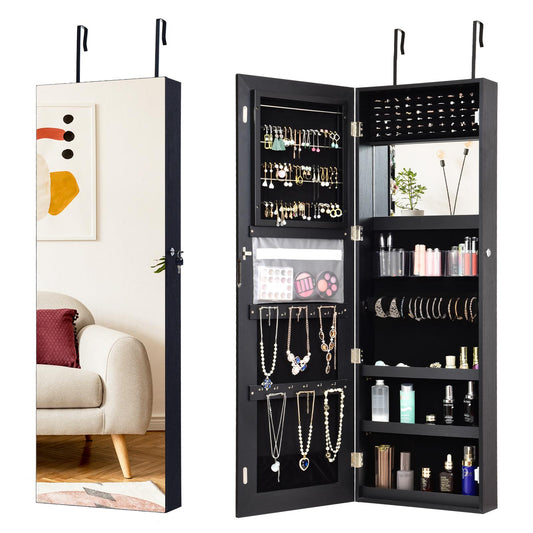 GIantex Lockable Jewelry Cabinet Armoire Wall Door Mounted, Frameless Mirror Jewelry Storage Organizer w/Spacious Storage Space, Hanging Jewelry Box Cabinets, Black