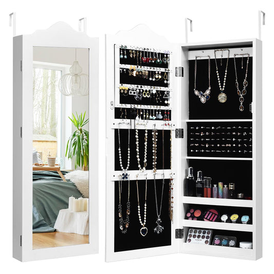 Giantex Hanging Jewelry Armoire Organizer, Door/Wall Mounted Cabinet w/Full-Length Mirror, Bedroom Jewelry Box w/Large Storage Capacity & Divisions