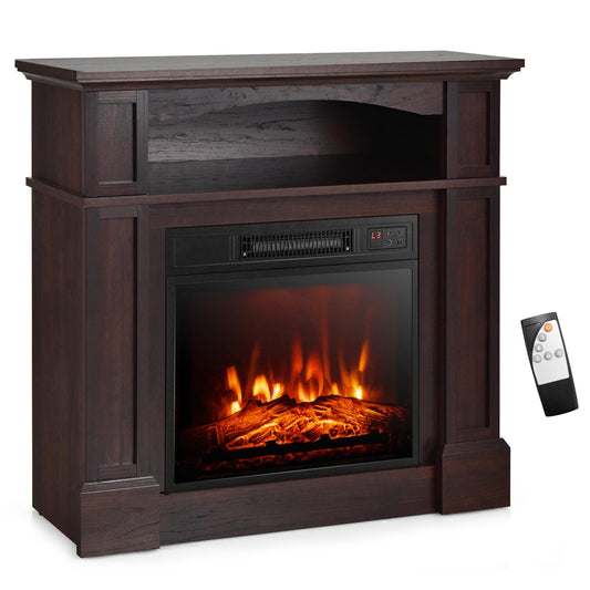 32" Electric Fireplace w/Mantel and Remote Control, Freestanding Heater w/3-Level Adjustable Flame Brightness & Overheat Protection, Brown