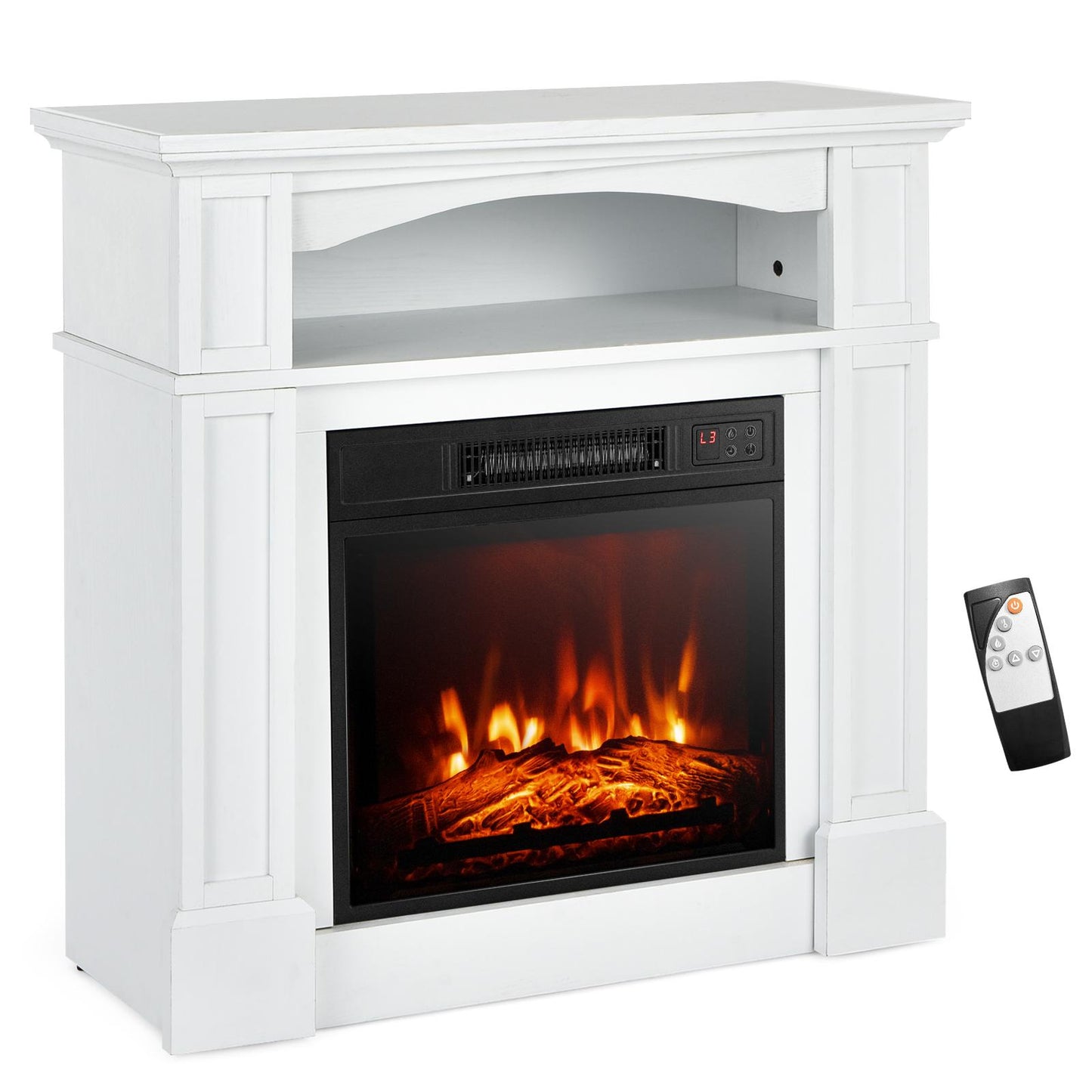 32" Electric Fireplace w/Mantel and Remote Control, Freestanding Heater w/3-Level Adjustable Flame Brightness & Overheat Protection, White