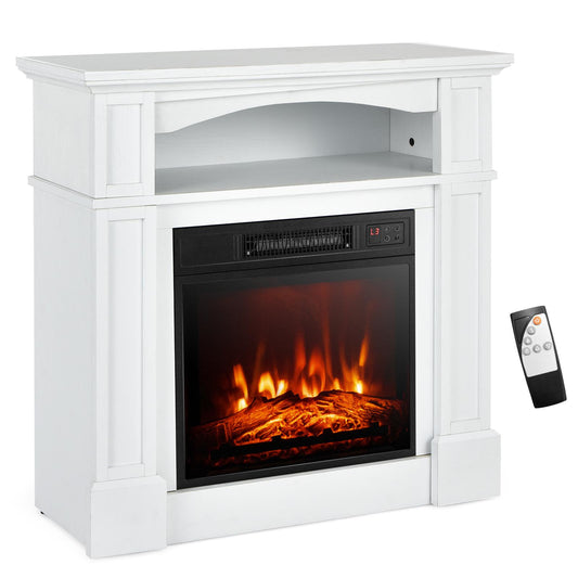 32" Electric Fireplace w/Mantel and Remote Control, Freestanding Heater w/3-Level Adjustable Flame Brightness & Overheat Protection, White