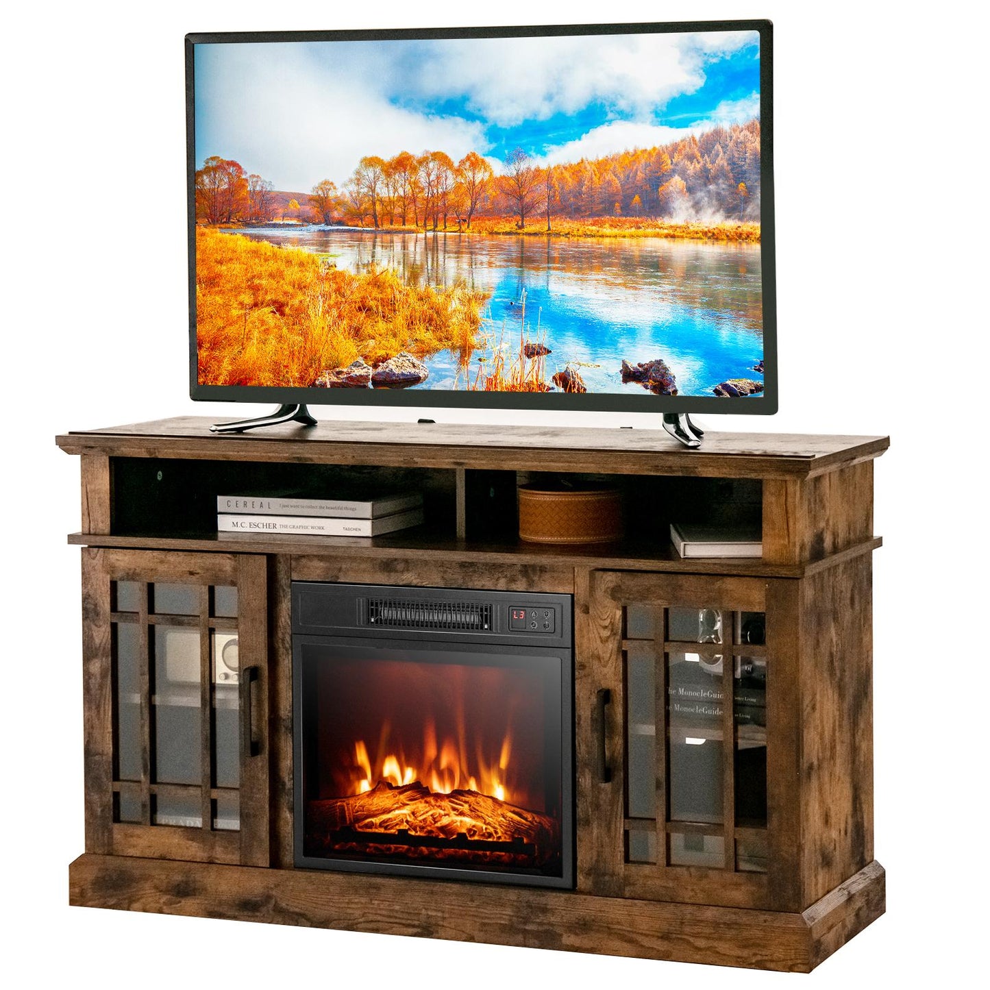 Giantex 48" Wooden TV Stand w/Fireplace, Electric Fireplace TV Cabinet, Farmhouse Media Entertainment Center Console Table, Brown