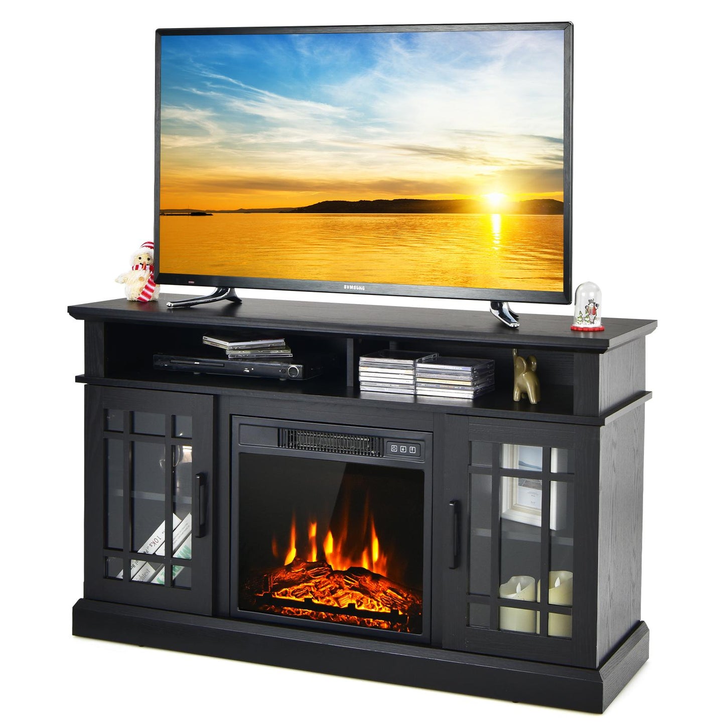 Giantex 48" Wooden TV Stand w/Fireplace, Electric Fireplace TV Cabinet, Farmhouse Media Entertainment Center Console Table