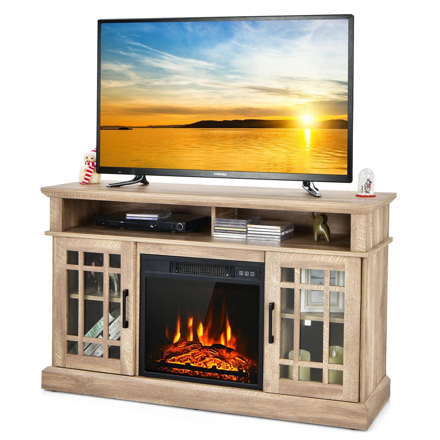 Giantex 48" Wooden TV Stand w/Fireplace, Electric Fireplace TV Cabinet, Farmhouse Media Entertainment Center Console Table