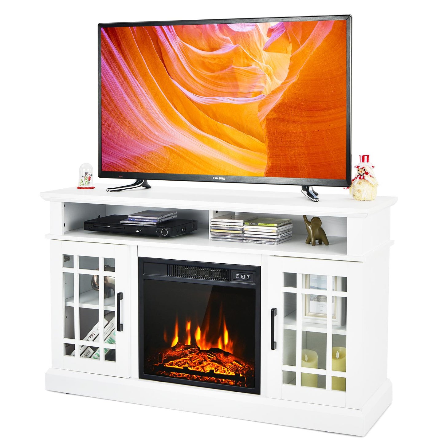 Giantex 48" Wooden TV Stand w/Fireplace, Electric Fireplace TV Cabinet, Farmhouse Media Entertainment Center Console Table