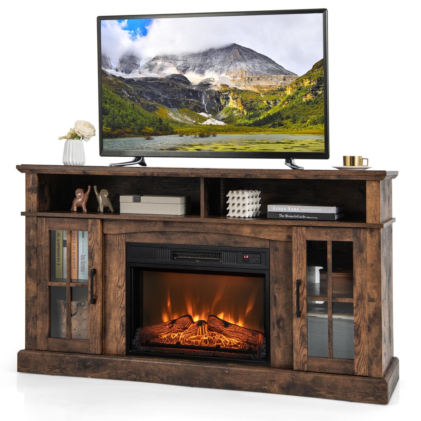Giantex 58 inch TV Stand w/Electric Fireplace, TV Entertainment Center w/Fireplace Insert, Brown