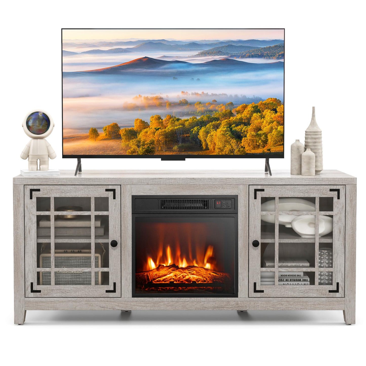 Giantex Electric Fireplace TV Stand, TV Console w/Adjustable Flame & Shelves, Farmhouse Media Entertainment Center, Natural