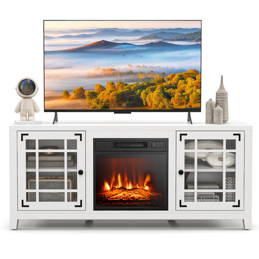 Giantex Electric Fireplace TV Stand, TV Console w/Adjustable Flame & Shelves, Farmhouse Media Entertainment Center, White