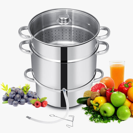 Ginatex 11-Quart Steam Juicer, Pasta Pot w/Tempered Glass Lid, Easy to Use Stainless Steel Steamer Pot for Cooking