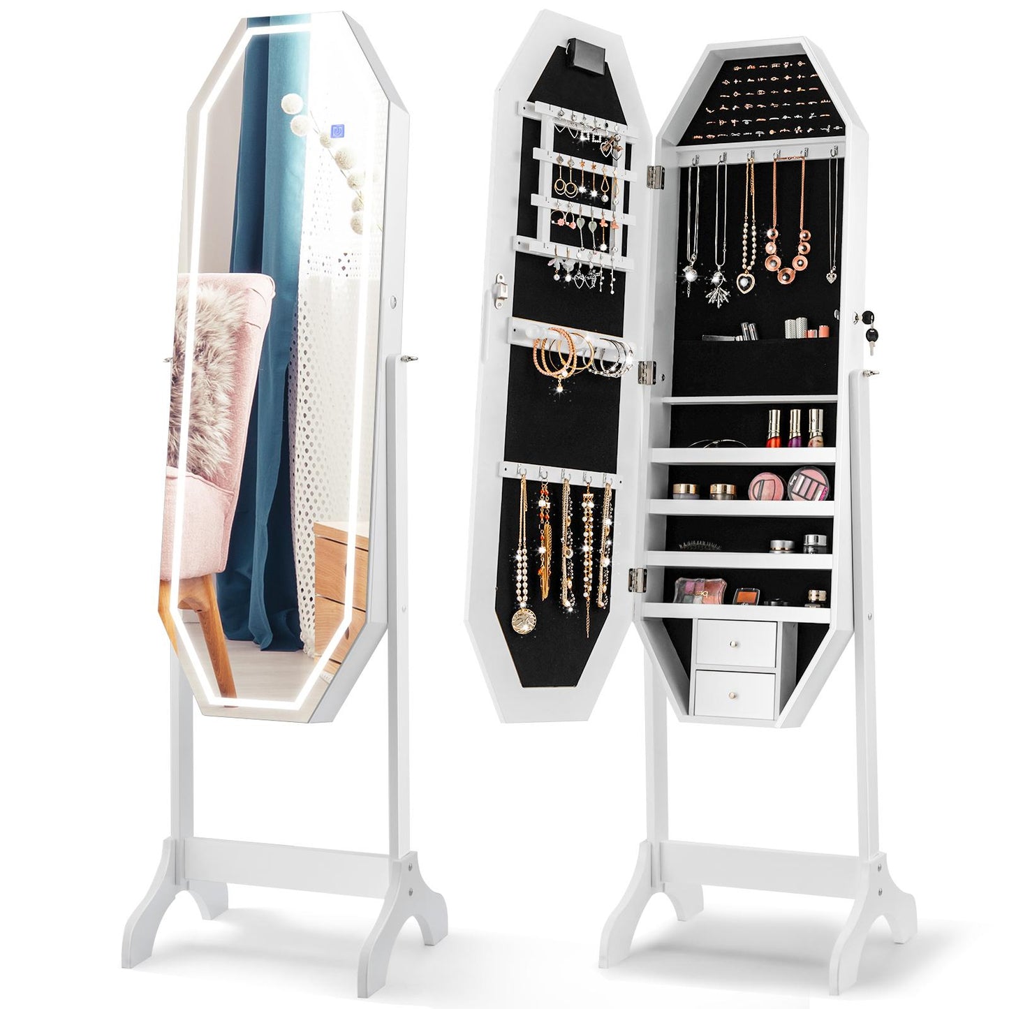 Giantex Jewelry Armoire w/Full Length LED Mirror, Lockable  Standing Jewelry Cabinet Organizer Box