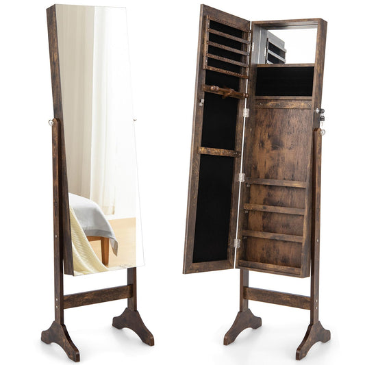 Giantex Jewelry Organizer Armoire, Standing Mirror w/4 Adjustable Tilt Angles, Lockable Stand up Jewelry Box Cabinet, Brown