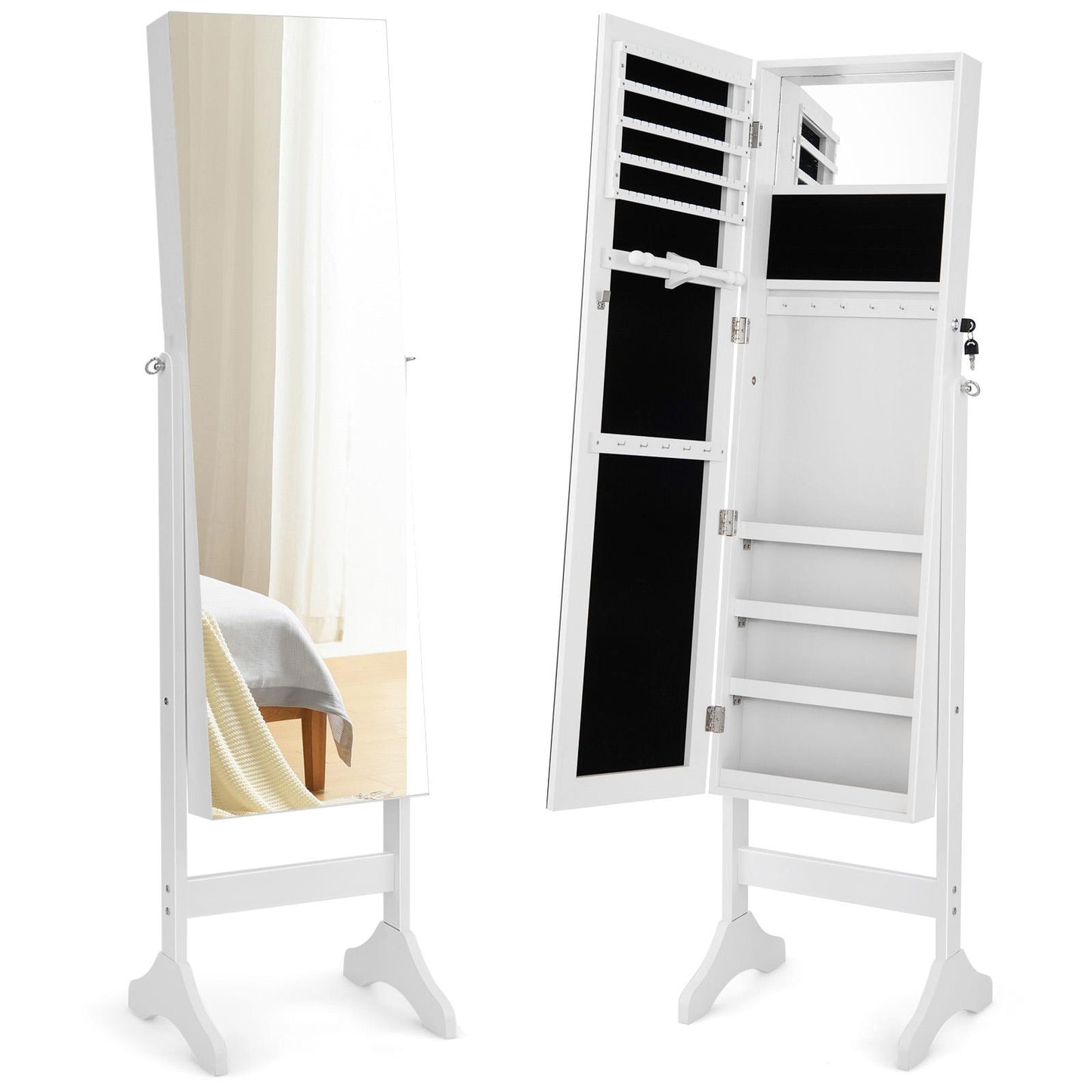 Giantex Jewelry Organizer Armoire, Standing Mirror w/4 Adjustable Tilt Angles, Lockable Stand up Jewelry Box Cabinet, White