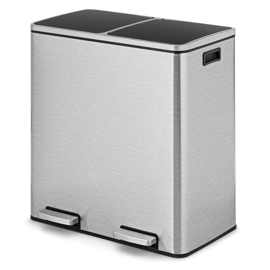 Giantex Dual Trash Can, 16 Gallon Stainless Steel Step Garbage Bin for Kitchen Office Home Use, silver
