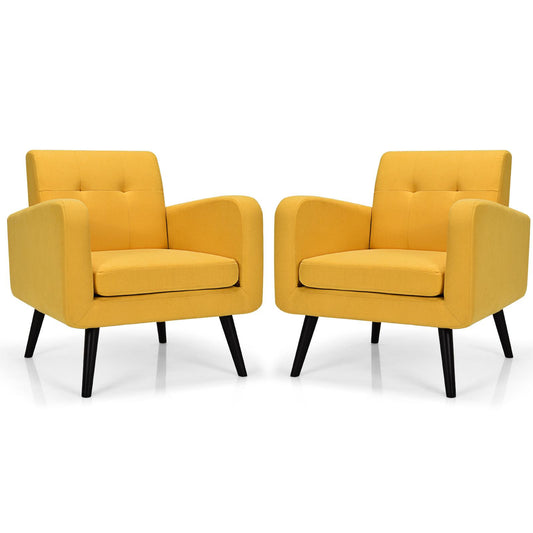 Giantex Set of 2 Modern Comfortable Fabric Armchair, Mid-Century Accent Sofa for Bedroom Living Room Club, Home, Contemporary Upholstered Linen Sofa Chair, Yellow