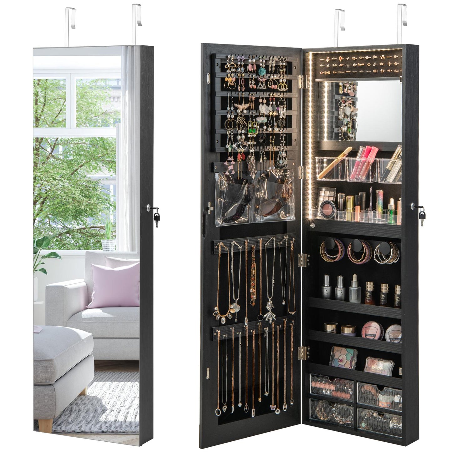 GiantexJewelry Cabinet Wall Mounted/Over the Door, Lockable Jewelry Organizer w/Full Length Mirror, 3 Colors Built-in LED Strip