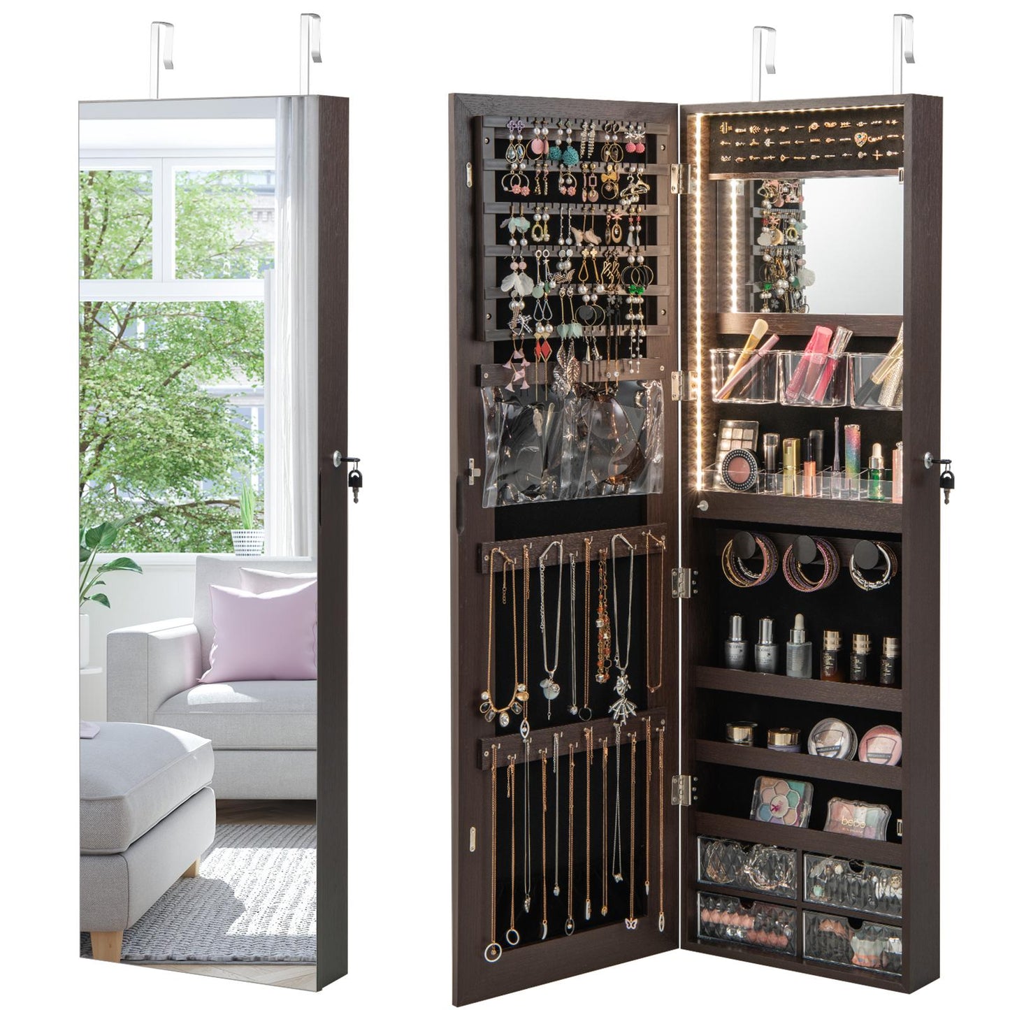 GiantexJewelry Cabinet Wall Mounted/Over the Door, Lockable Jewelry Organizer w/Full Length Mirror, 3 Colors Built-in LED Strip