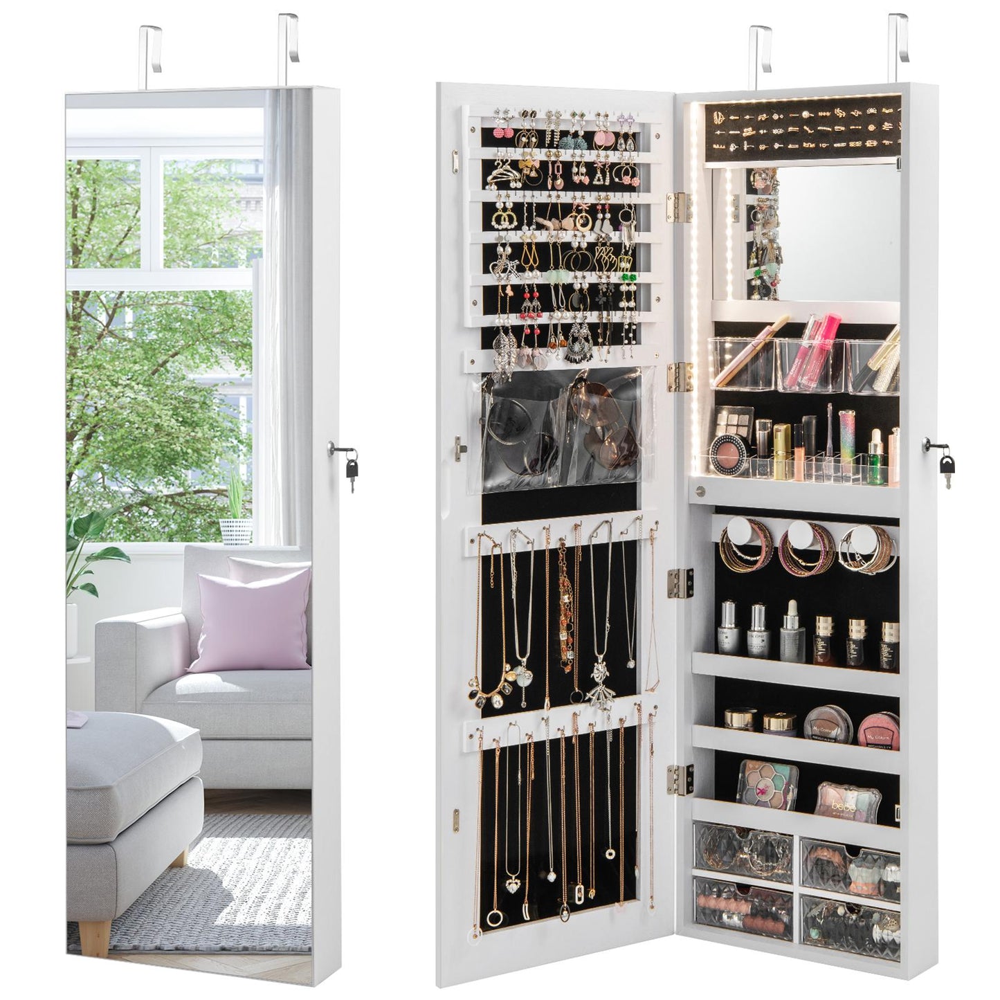 GiantexJewelry Cabinet Wall Mounted/Over the Door, Lockable Jewelry Organizer w/Full Length Mirror, 3 Colors Built-in LED Strip