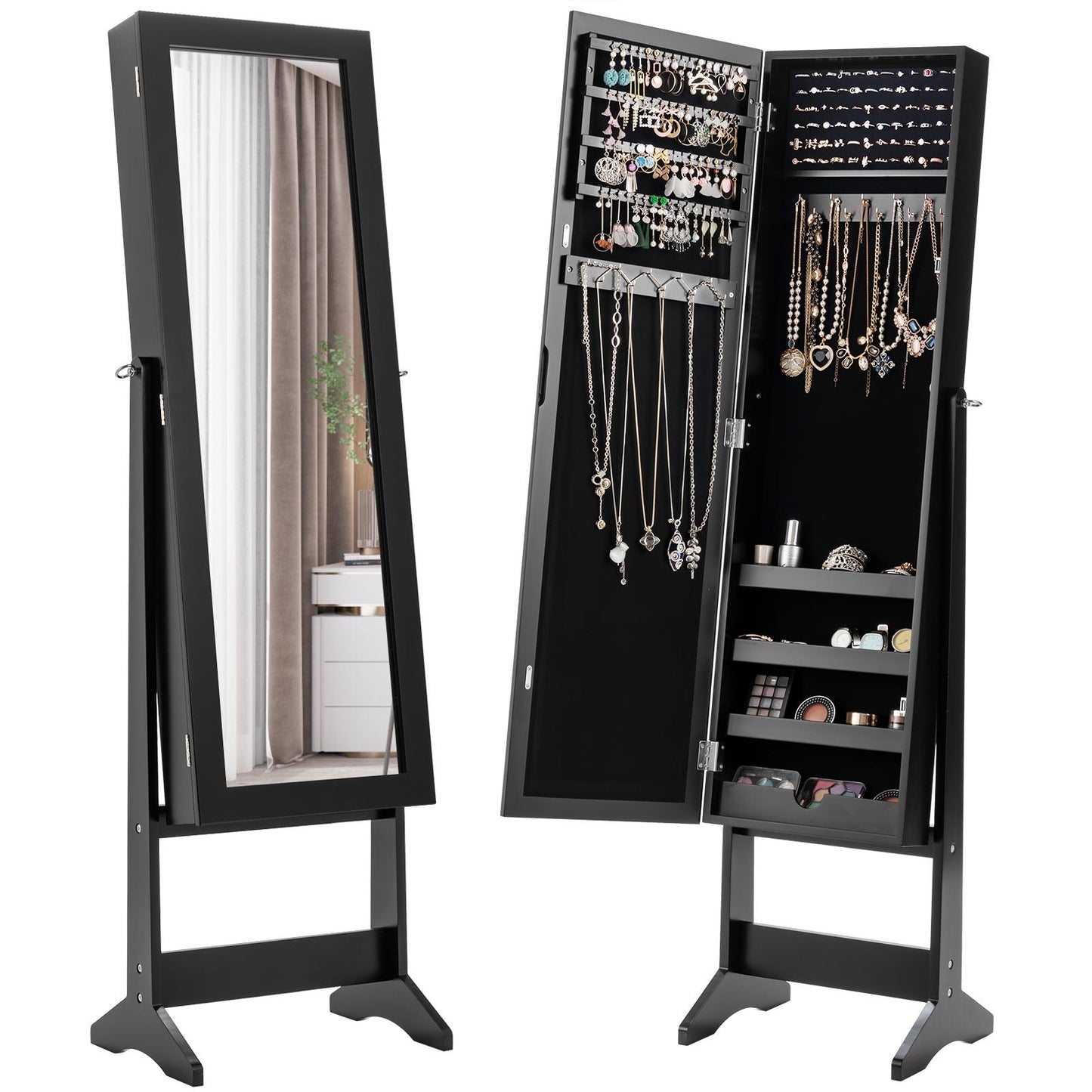 Giantex Jewelry Armoire Cabinet, Standing Jewelry Organizer w/Full-length Mirror & 3 Adjustable Angles, Black