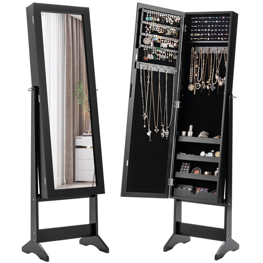 Giantex Jewelry Armoire Cabinet, Standing Jewelry Organizer w/Full-length Mirror & 3 Adjustable Angles, Black