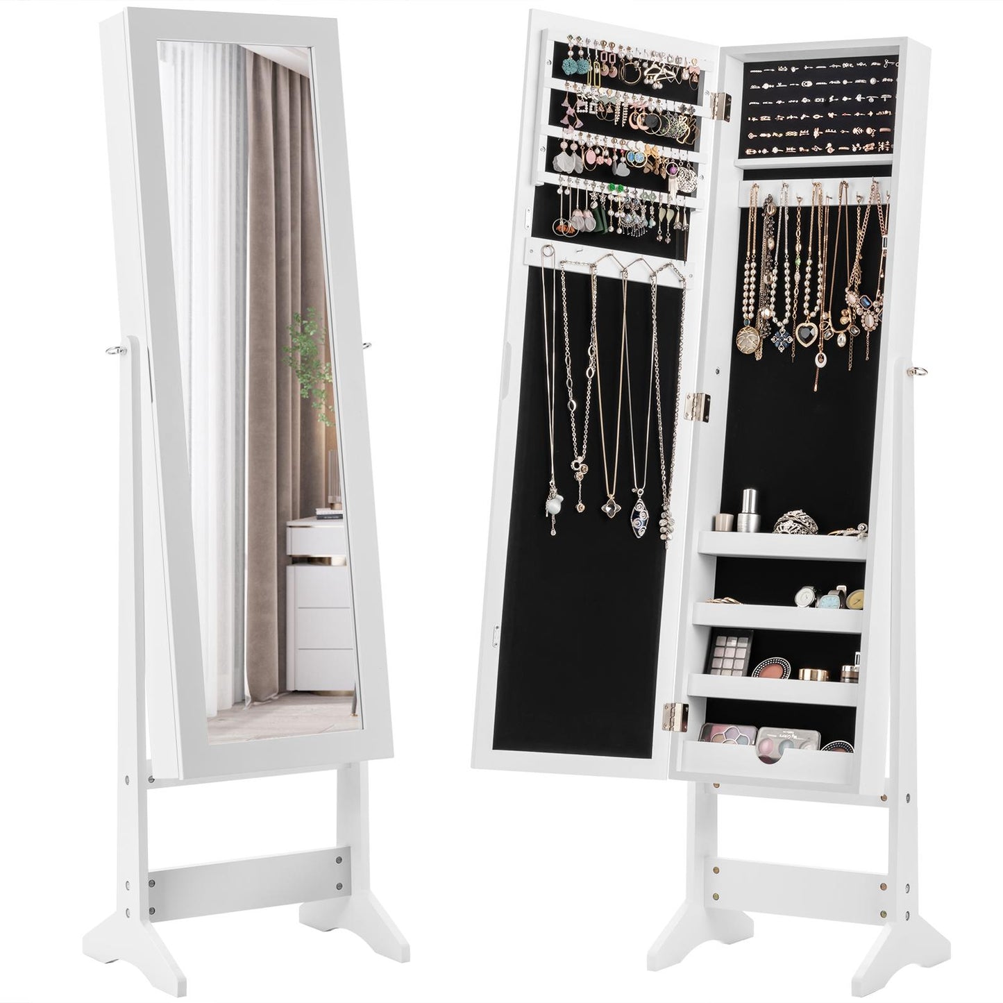 Giantex Jewelry Armoire Cabinet, Standing Jewelry Organizer w/Full-length Mirror & 3 Adjustable Angles, White