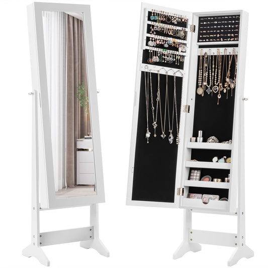 Giantex Jewelry Armoire Cabinet, Standing Jewelry Organizer w/Full-length Mirror & 3 Adjustable Angles, White