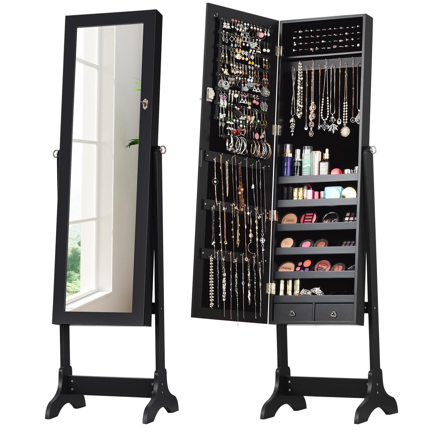 Giantex Lockable Jewelry Cabinet, Free Standing Big Makeup Box w/LED, Black