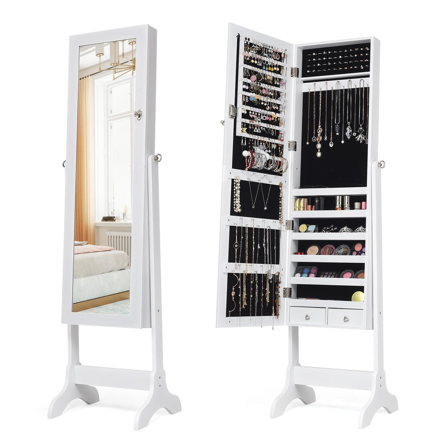 Giantex Lockable Jewelry Cabinet, Free Standing Big Makeup Box w/LED, White