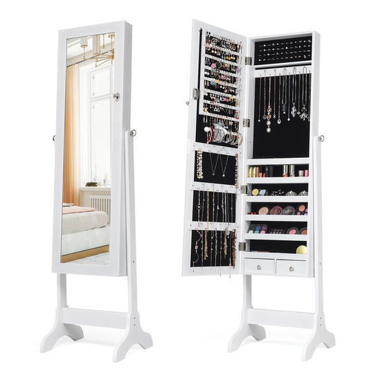 Giantex Lockable Jewelry Cabinet, Free Standing Big Makeup Box w/LED, White
