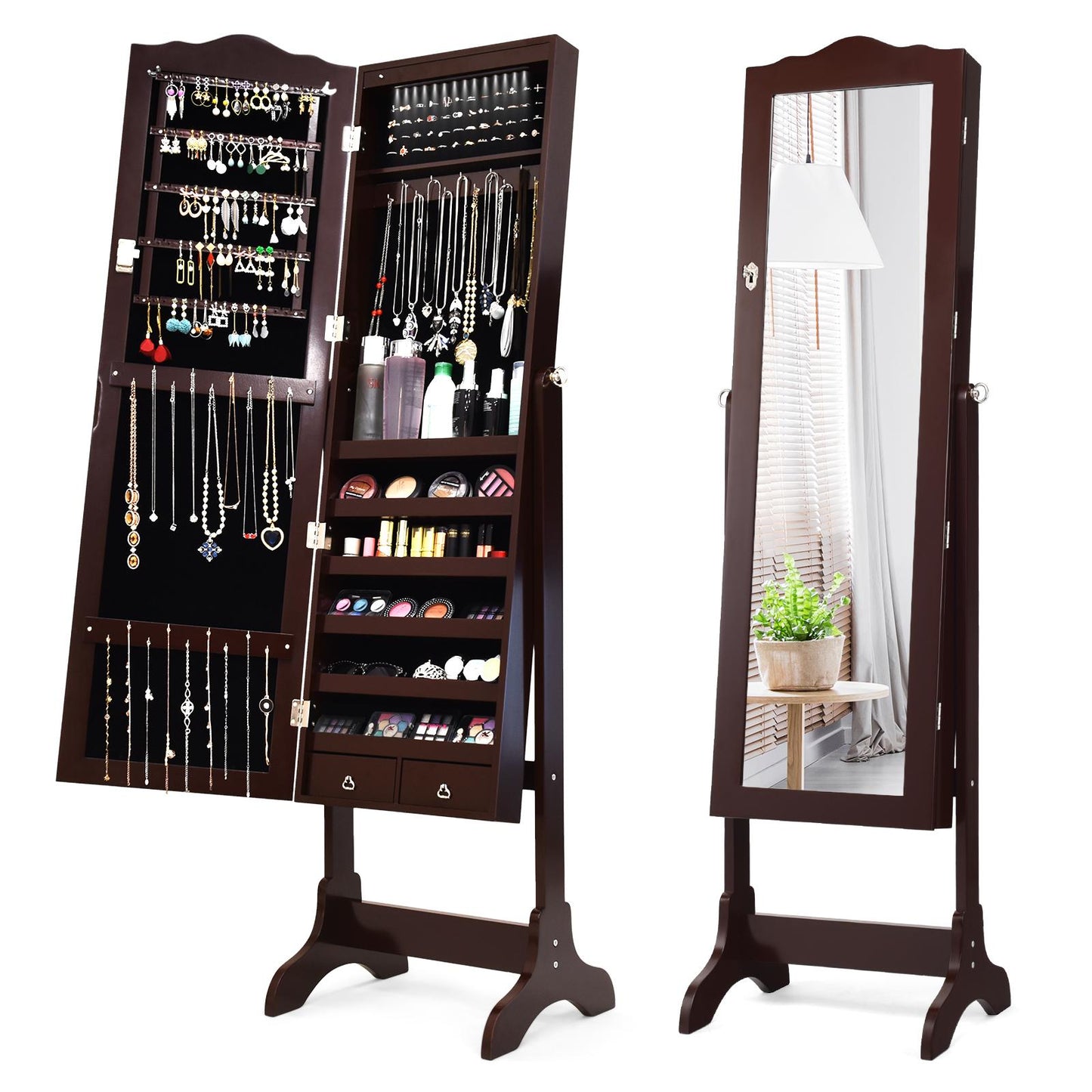 Giantex Jewelry Armoire Cabinet, Freestanding Jewelry Storage Organizer w/ Full Length Mirror, Tilting Angles & LED