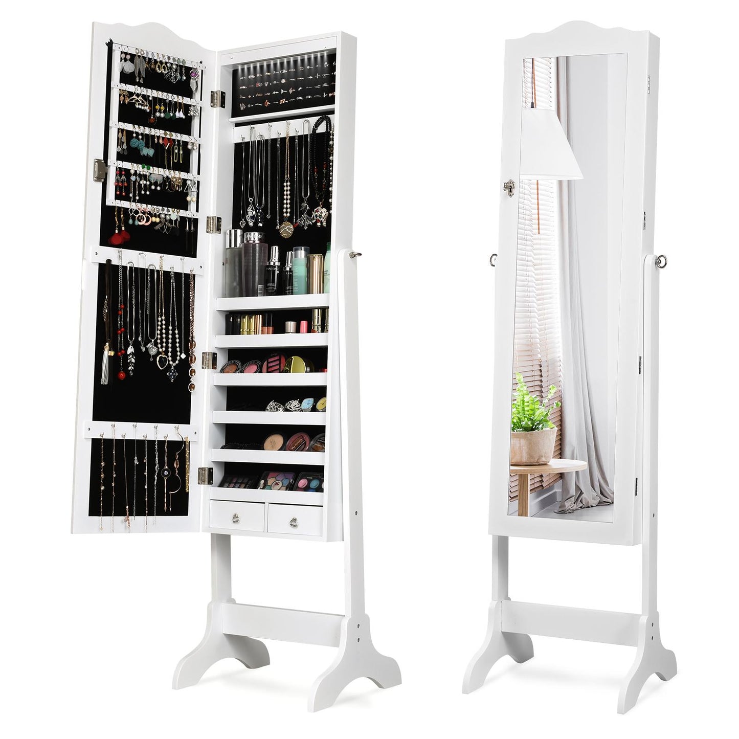 Giantex Jewelry Armoire Cabinet, Freestanding Jewelry Storage Organizer w/ Full Length Mirror, Tilting Angles & LED
