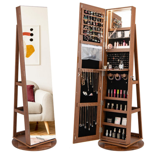 Giantex 360° Swivel Jewelry Cabinet, Lockable Jewelry Armoire w/Full-Length Mirror & 3-Color LED Lights, Freestanding Jewelry Organizer w/Inside Mirror, Foldable Shelf