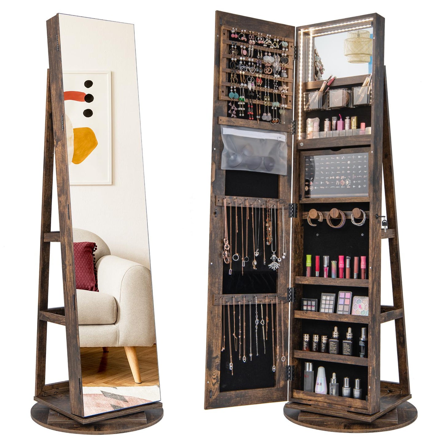 Giantex 360° Swivel Jewelry Cabinet, Lockable Jewelry Armoire w/Full-Length Mirror & 3-Color LED Lights, Freestanding Jewelry Organizer w/Inside Mirror, Foldable Shelf