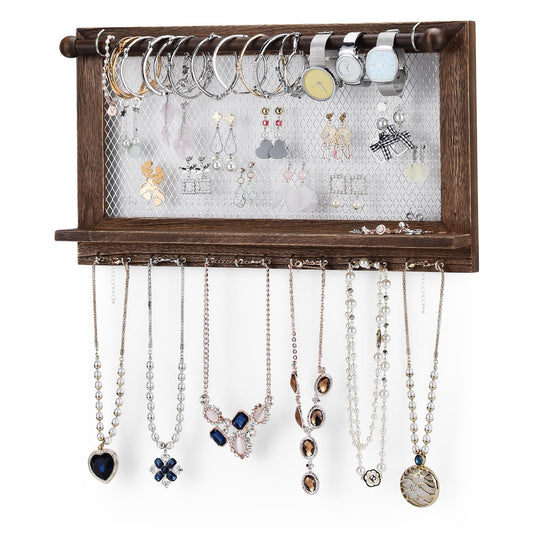 Giantex Rustic Jewelry Organizer Wall Mounted Cabinet, Vintage Wood Jewelry Box Holder Hanger