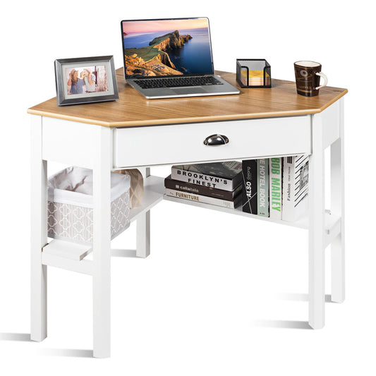 Giantex Writing & Study Corner Computer Desk, Laptop PC Table, Wood Home Office Desk, Study Workstation, Natural
