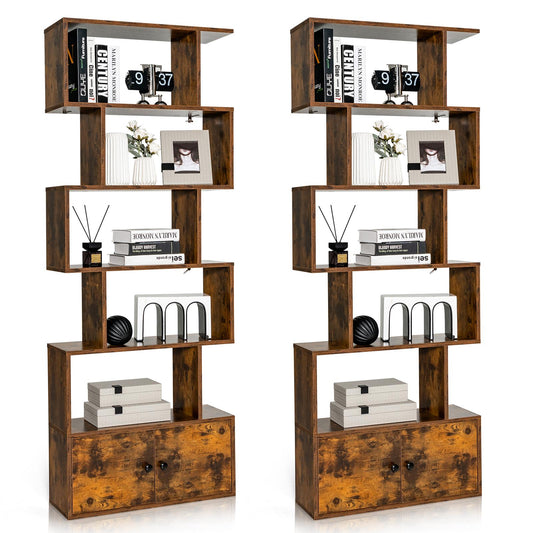 Giantex 2PCS 6-Tier Geometric Bookcase w/Cabinet, Freestanding Display Shelves w/Anti-Tipping Device, Wood S-Shaped Bookshelf, Brown
