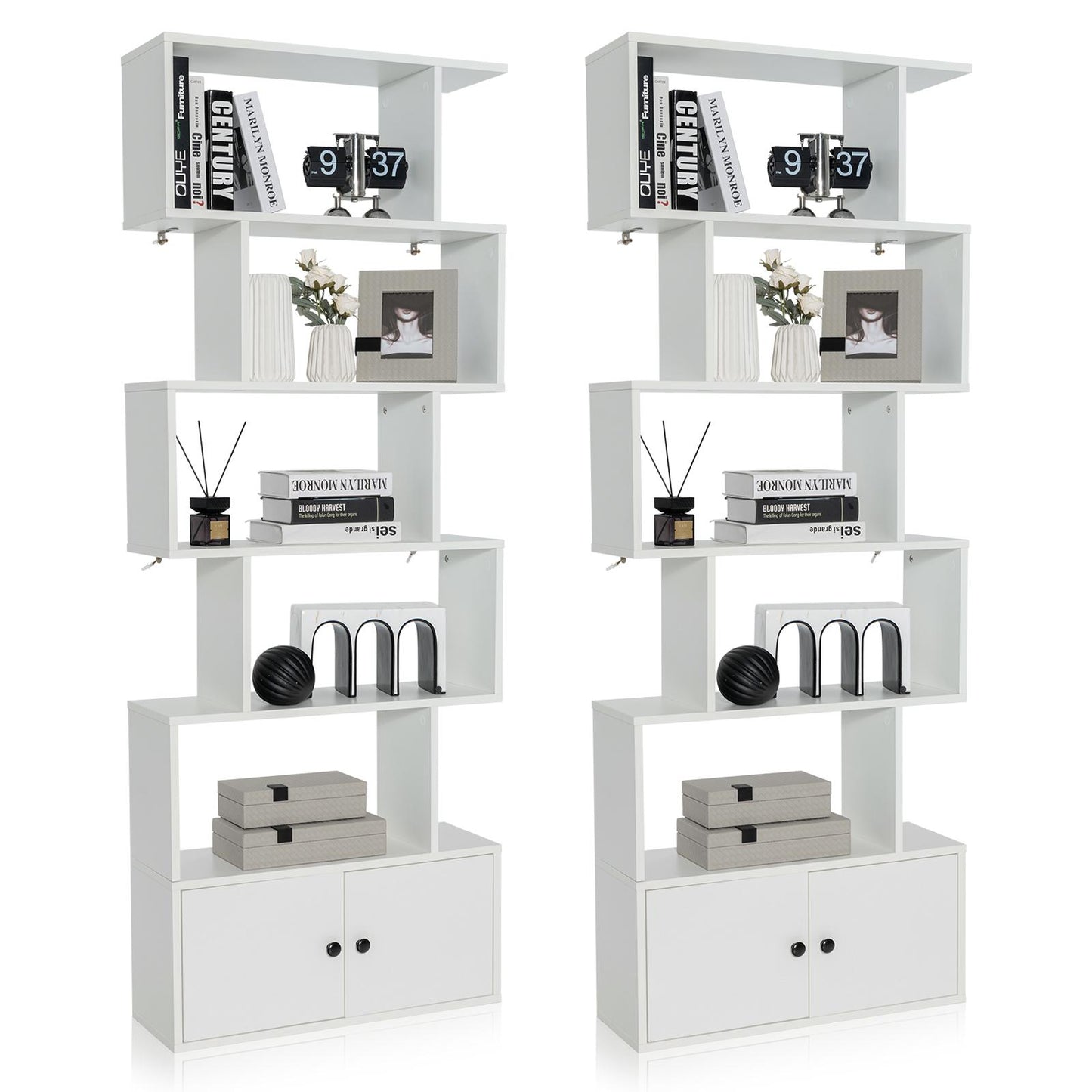 Giantex 2PCS 6-Tier Geometric Bookcase w/Cabinet, Freestanding Display Shelves w/Anti-Tipping Device, Wood S-Shaped Bookshelf, White