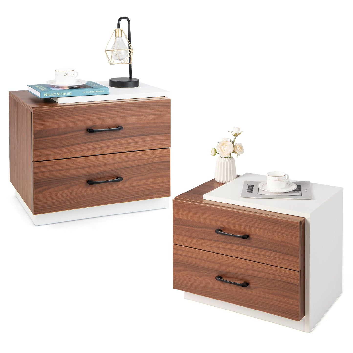 Giantex Modern Nightstand, Rustic Walnut Wood Grain Bedside Table, Vertical End Table (2)