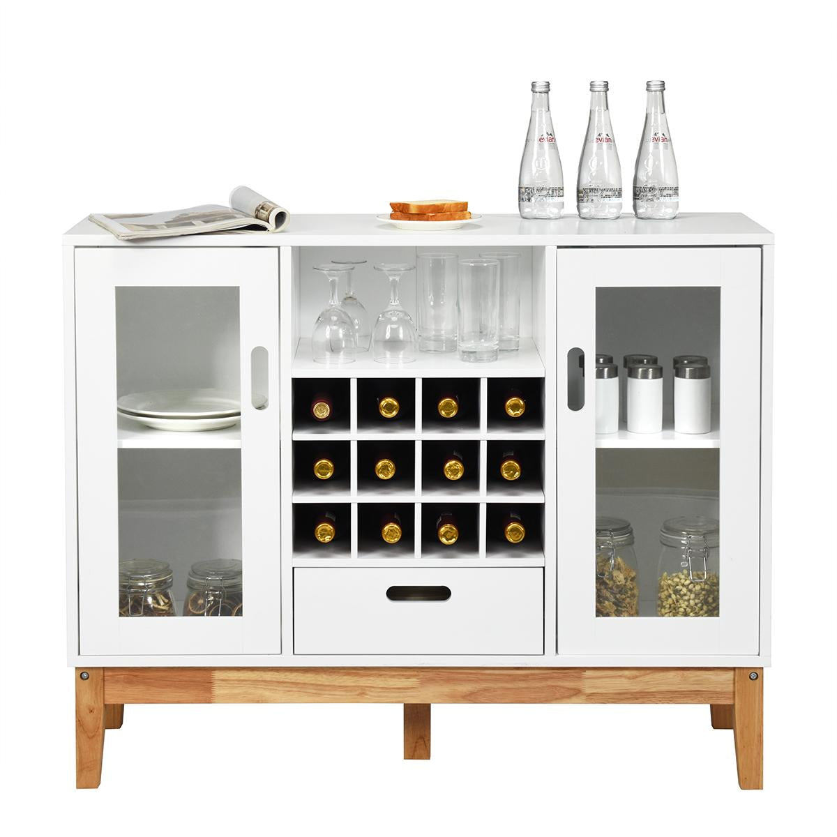 Giantex White Sideboard Buffet Storage Cabinet, Wood Accent Console Table w/Removable Wine Rack, Glass Doors