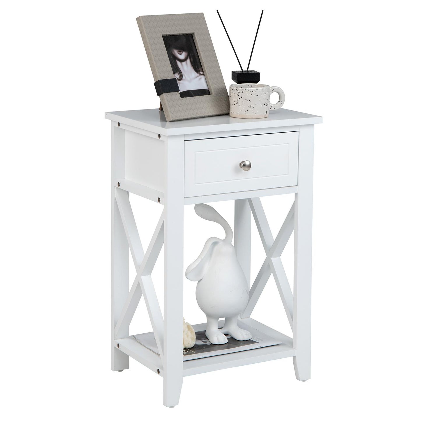 Giantex X-Design Nightstand, Bedside Table w/Drawer & Storage Shelf, Versatile Sofa Table End Table, White