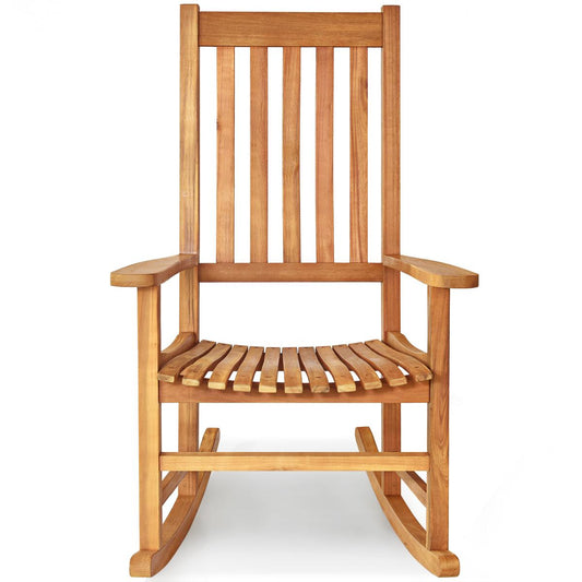Giantex Wooden Rocking Chair, Slatted High Back Wood Rocker, Teak