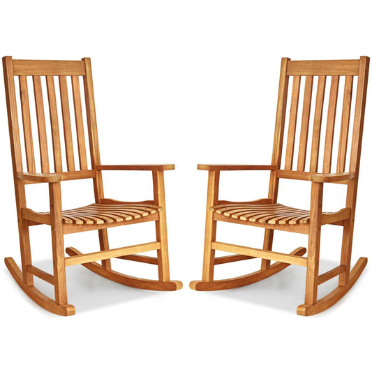 Giantex Set of 2 Wooden Rocking Chair, Slatted High Back Wood Rocker, Teak