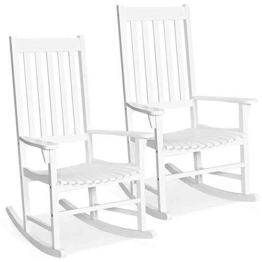 Giantex Set of 2 Wooden Rocking Chair, Slatted High Back Wood Rocker, White