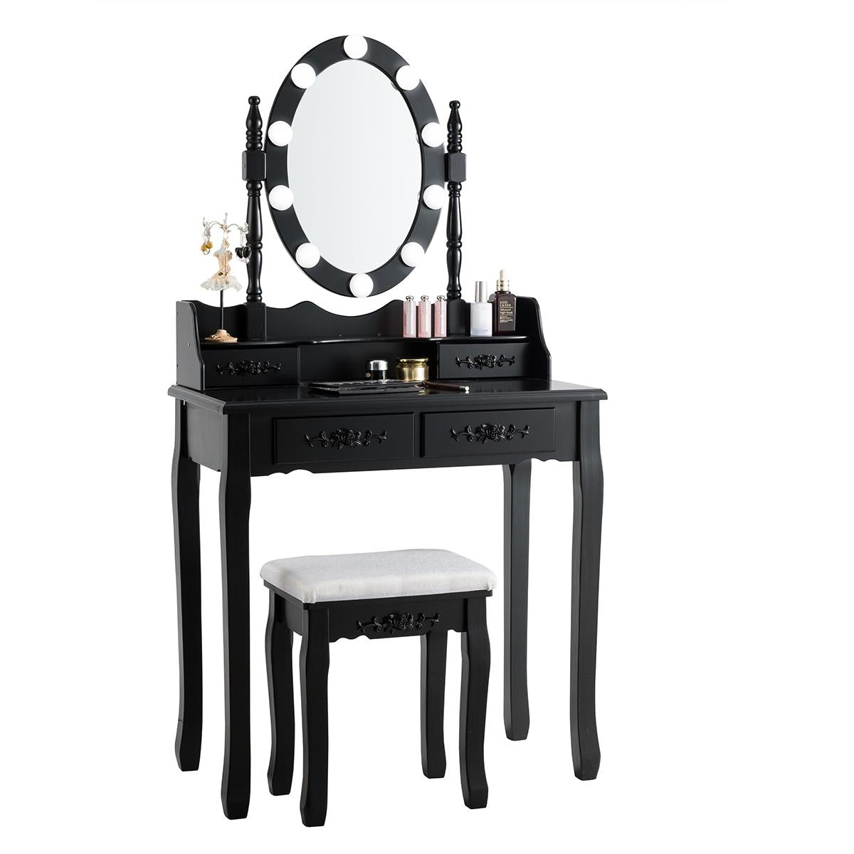 Giantex Vanity Table Set, Makeup Dressing Table w/Cushioned Stool & Lighted Mirror, Black