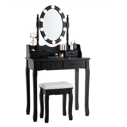Giantex Vanity Table Set, Makeup Dressing Table w/Cushioned Stool & Lighted Mirror, Black