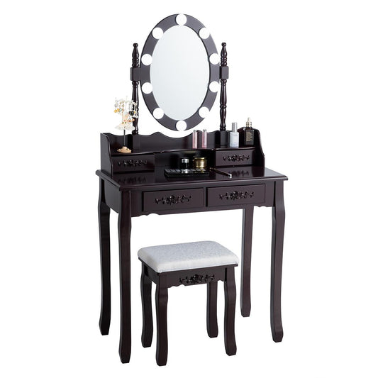 Giantex Vanity Table Set, Makeup Dressing Table w/Cushioned Stool & Lighted Mirror, Brown