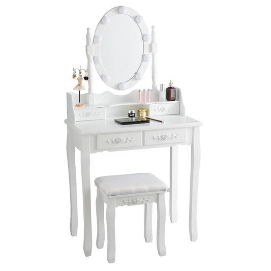 Giantex Vanity Table Set, Makeup Dressing Table w/Cushioned Stool & Lighted Mirror, White