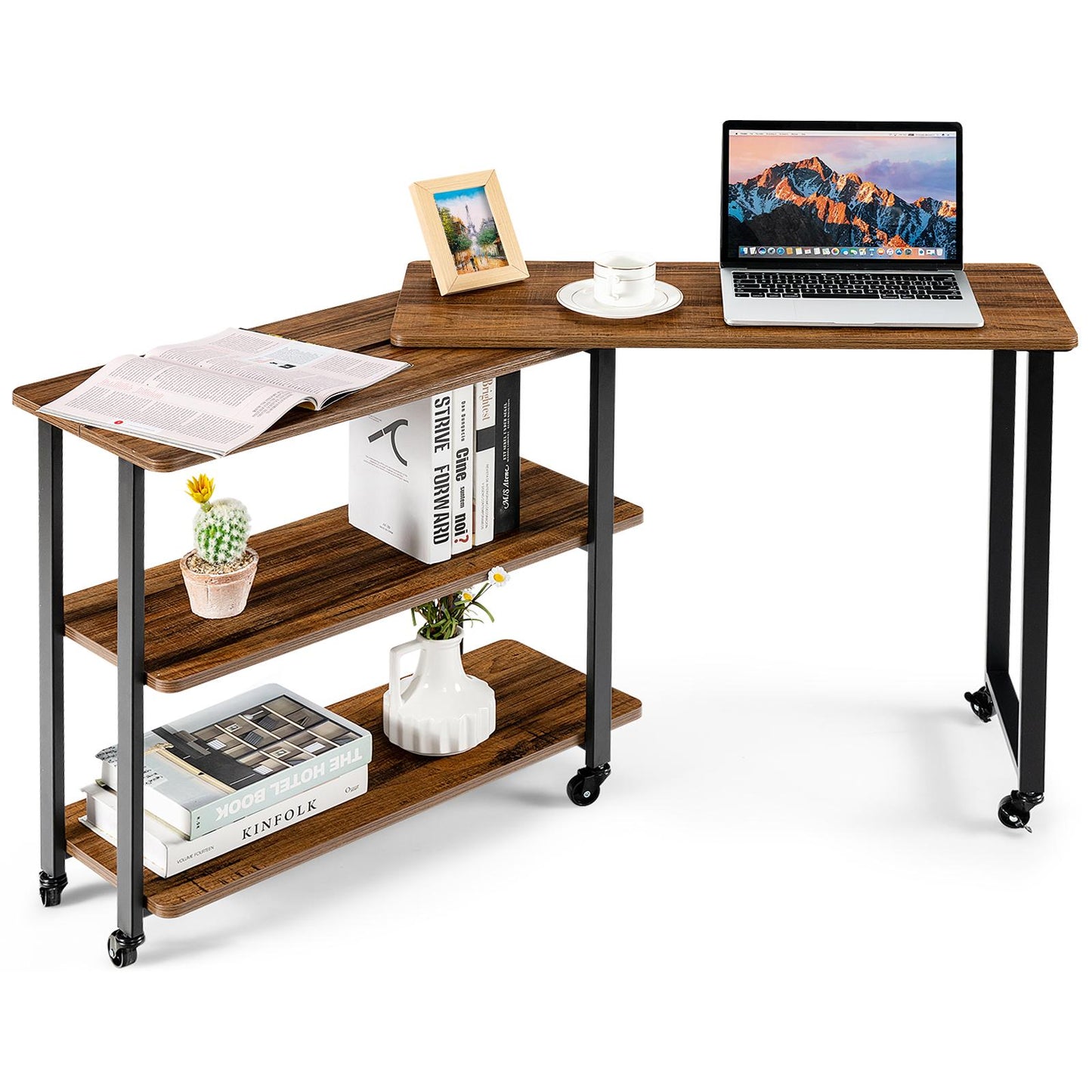Giantex Patented Rotating Couch Side Table, L-Shaped Sofa End Table, Moveable Laptop Table for Home Office, Brown