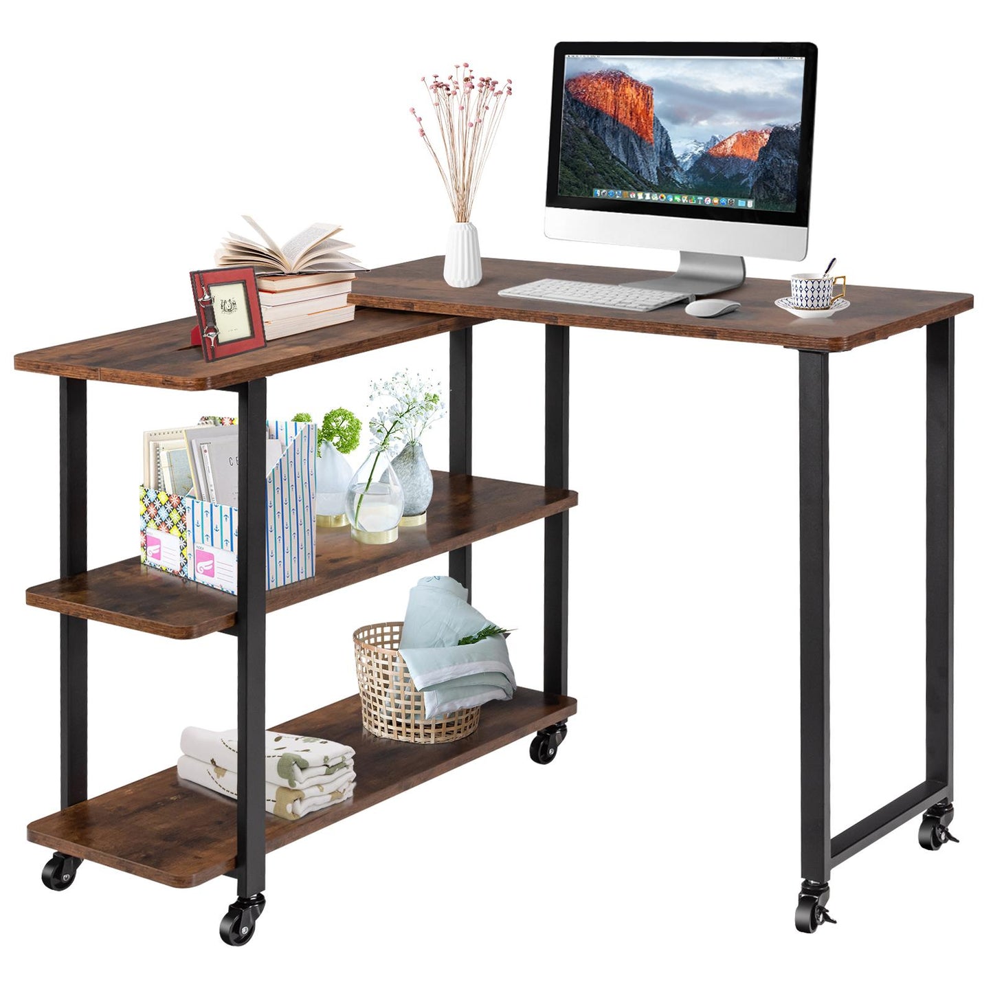 Giantex Patented Rotating Couch Side Table, L-Shaped Sofa End Table, Moveable Laptop Table for Home Office, Rustic Brown