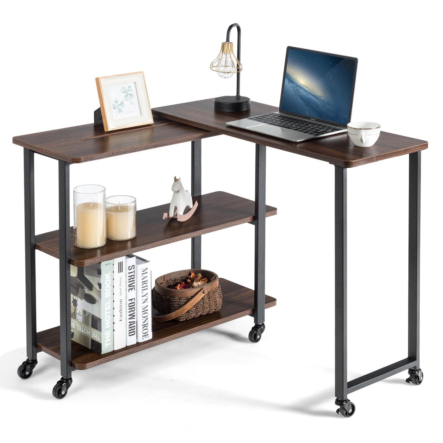 Giantex Patented Rotating Couch Side Table, L-Shaped Sofa End Table, Moveable Laptop Table for Home Office, Walnut