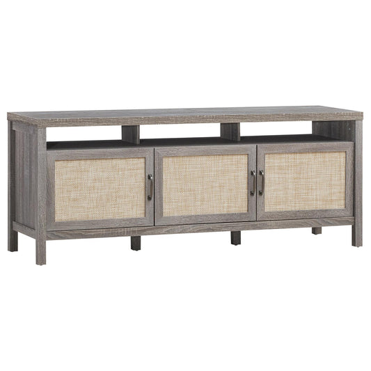 Giantex Mid-Century TV Stand, Entertainment Center w/3 Rattan Doors & Interior Adjustable Storage Shelves, Grey Oak